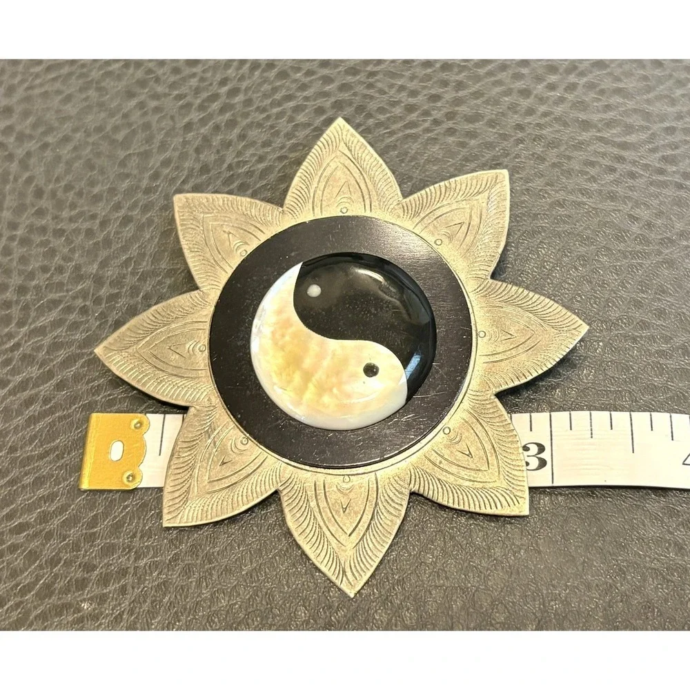 HUGE Yin Yang Symbol Black White MOP Etched Lotus Flower Ethnic Boho Pin Brooch